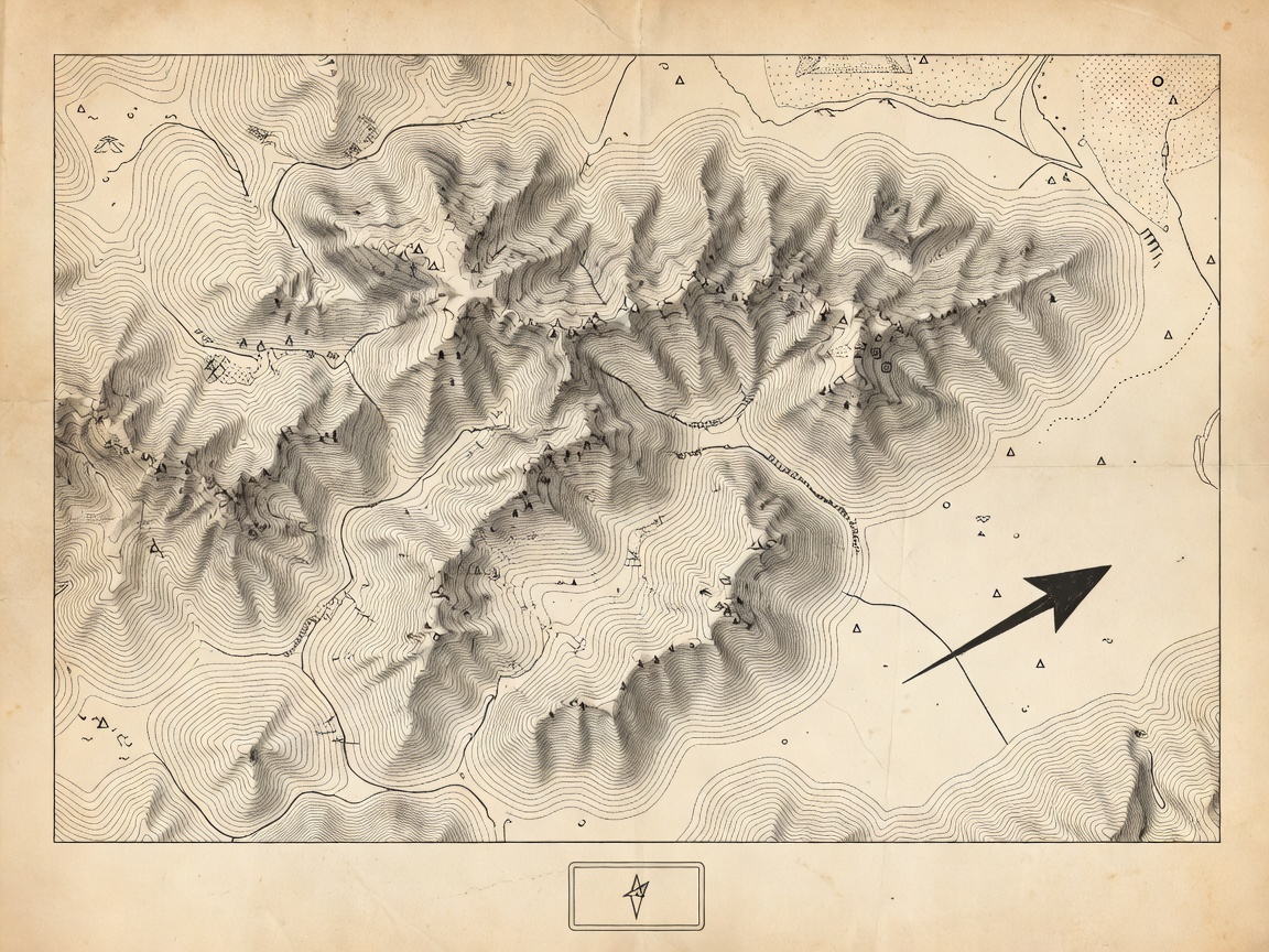 Illustrated topographic map with magnetic declination offset arrow