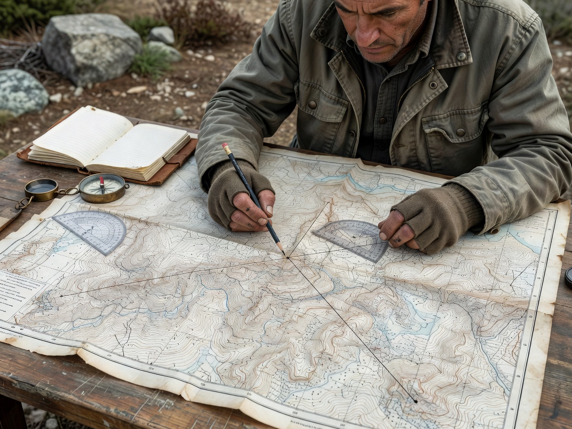 Cartographer plotting three-point bearing intersection on paper topo map